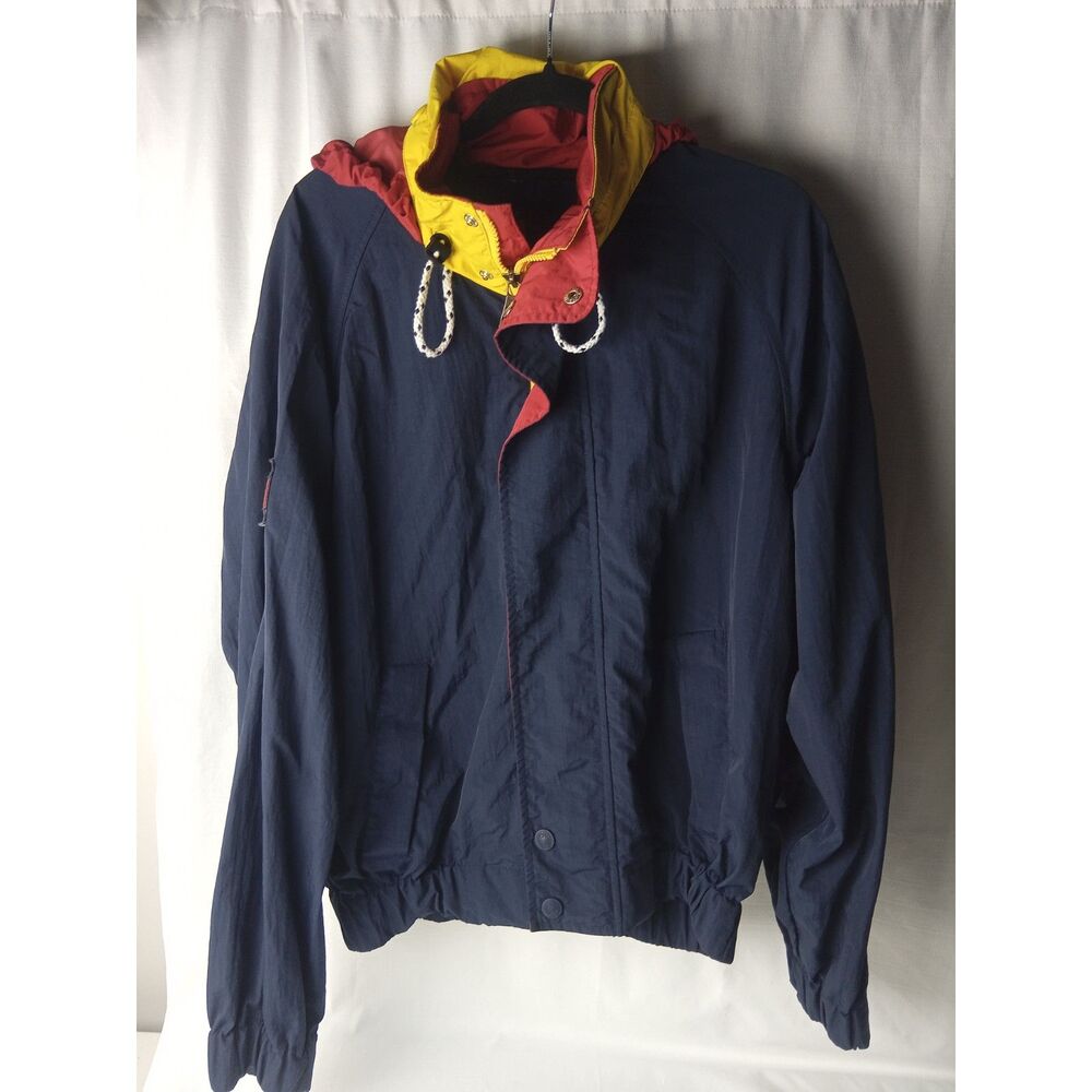 Vtg 90s Tommy Hilfiger Big Flag Jacket Colorblock Hooded Windbreaker Navy Size M